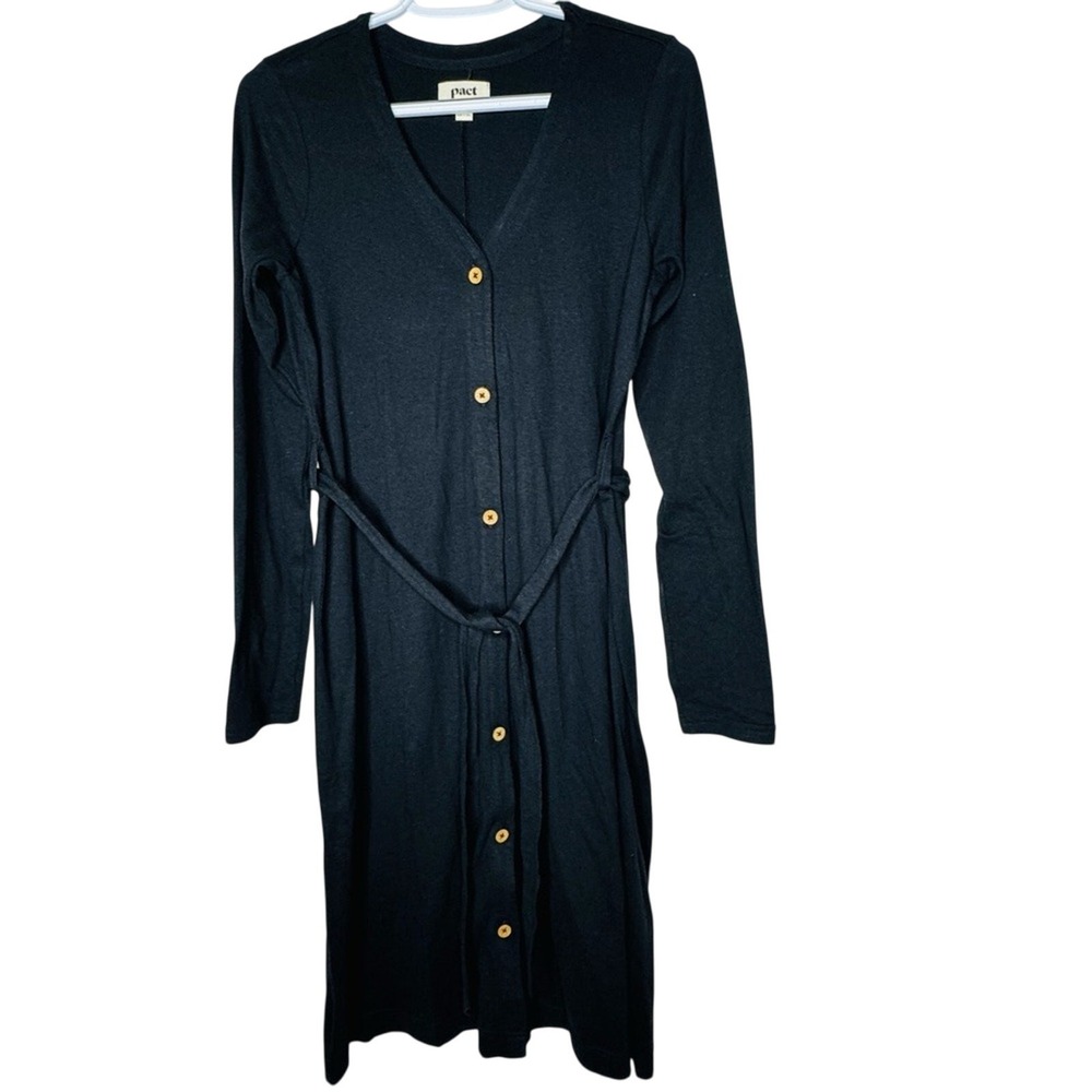 Pact Womens Black Button Dress Sz S Belt Linen Organic Cotton Sustainable‎